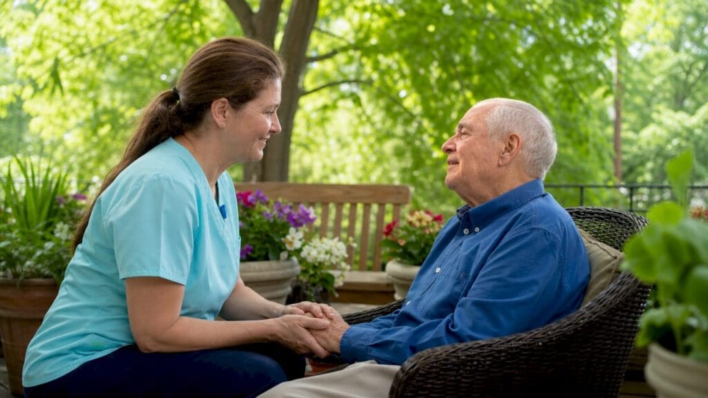 Caregiver compassionately holding senior's hand