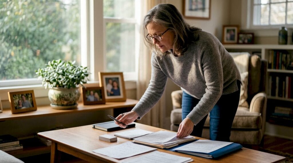 Woman reviewing elderly care documents at home