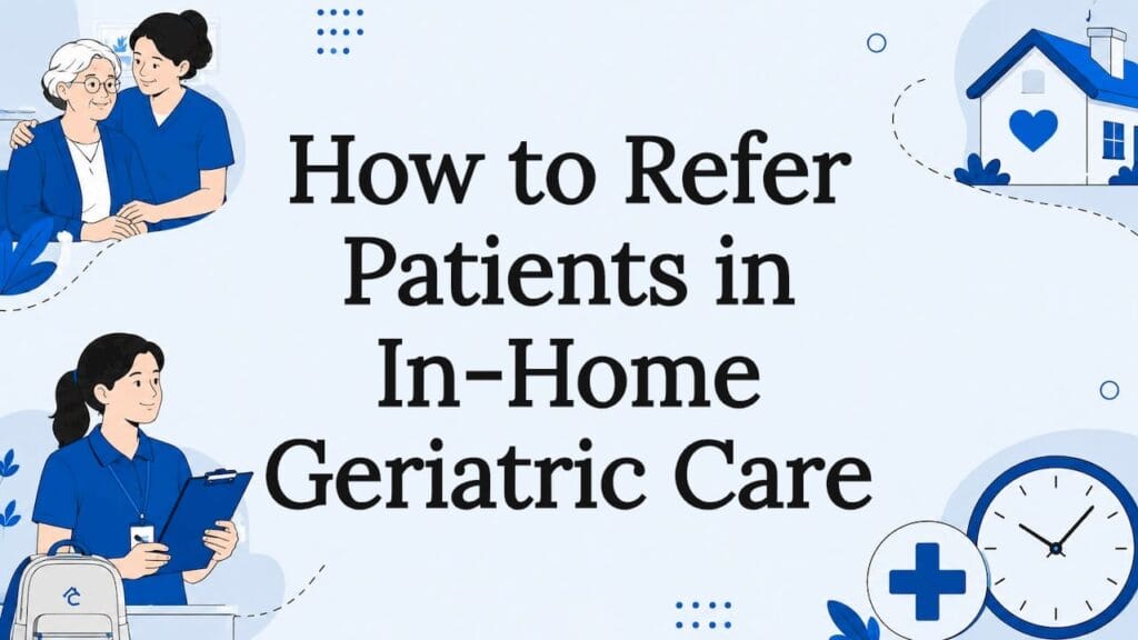 Decorative title card with geriatric care illustrations