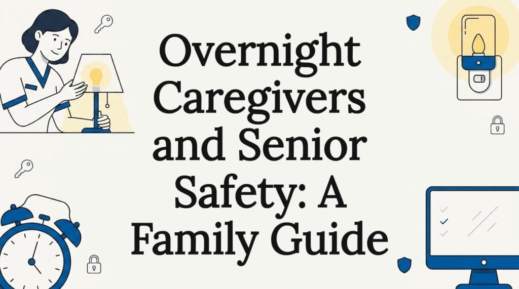Decorative title card with senior care themed illustrations