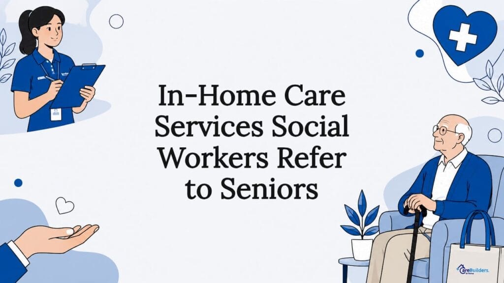Decorative title card illustration with social worker and senior