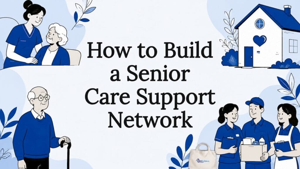 Decorative title card with senior care illustrations