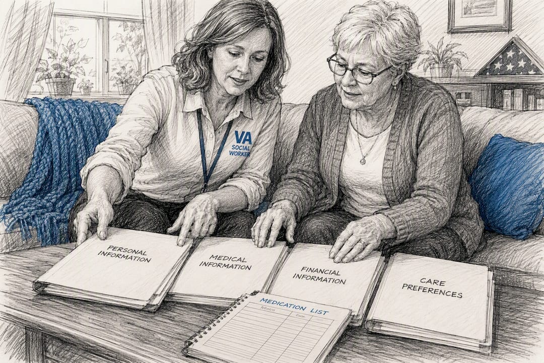 Hands organizing veteran care documents on kitchen table