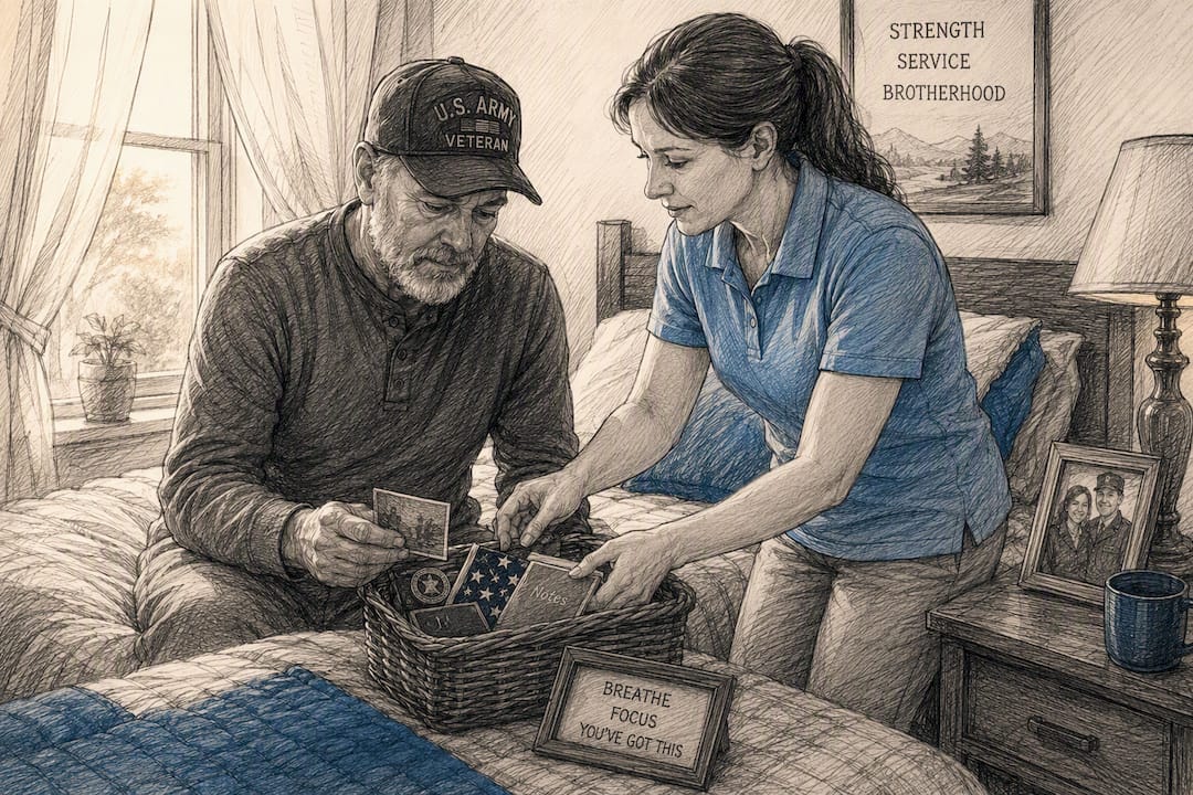 Caregiver assisting veteran with medication organization