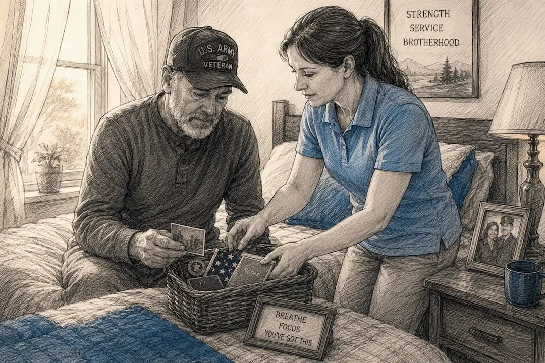 Caregiver assisting veteran with medication organization