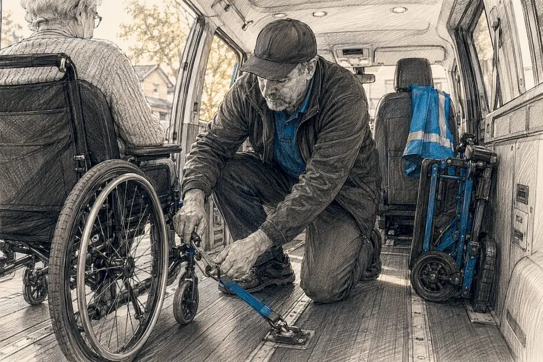 Driver securing wheelchair inside accessible van