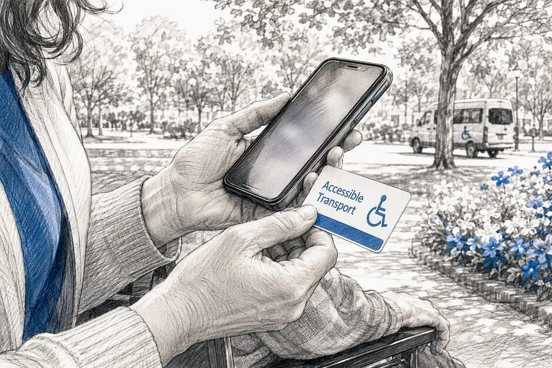 Caregiver coordinating senior ride on phone outside home