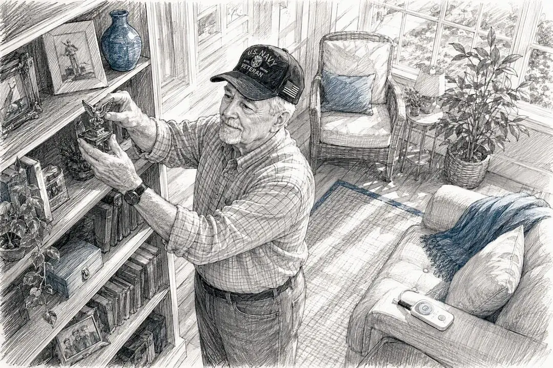 Veteran organizing home items with support