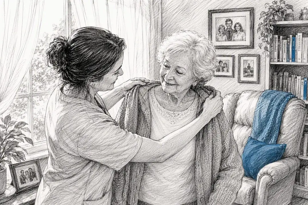 Caregiver assisting senior with dressing