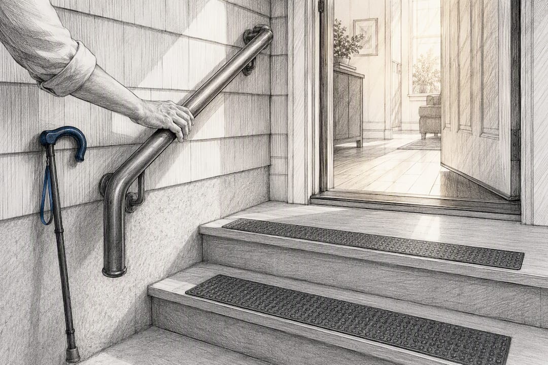 Handrail and threshold at senior home entrance