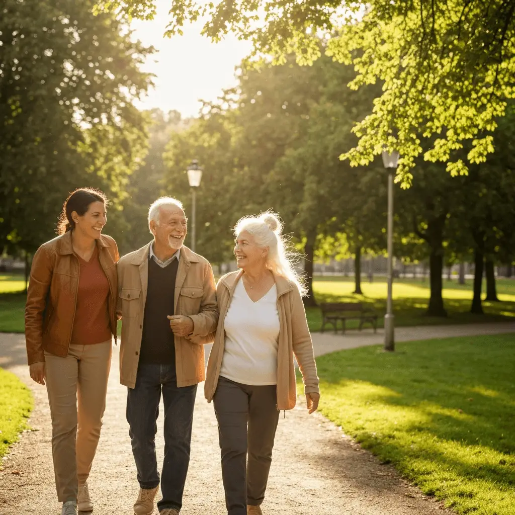 Older adults walking with a family caregiver
