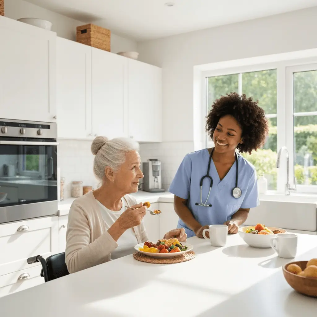 Caregiver helping an older adult with a meal