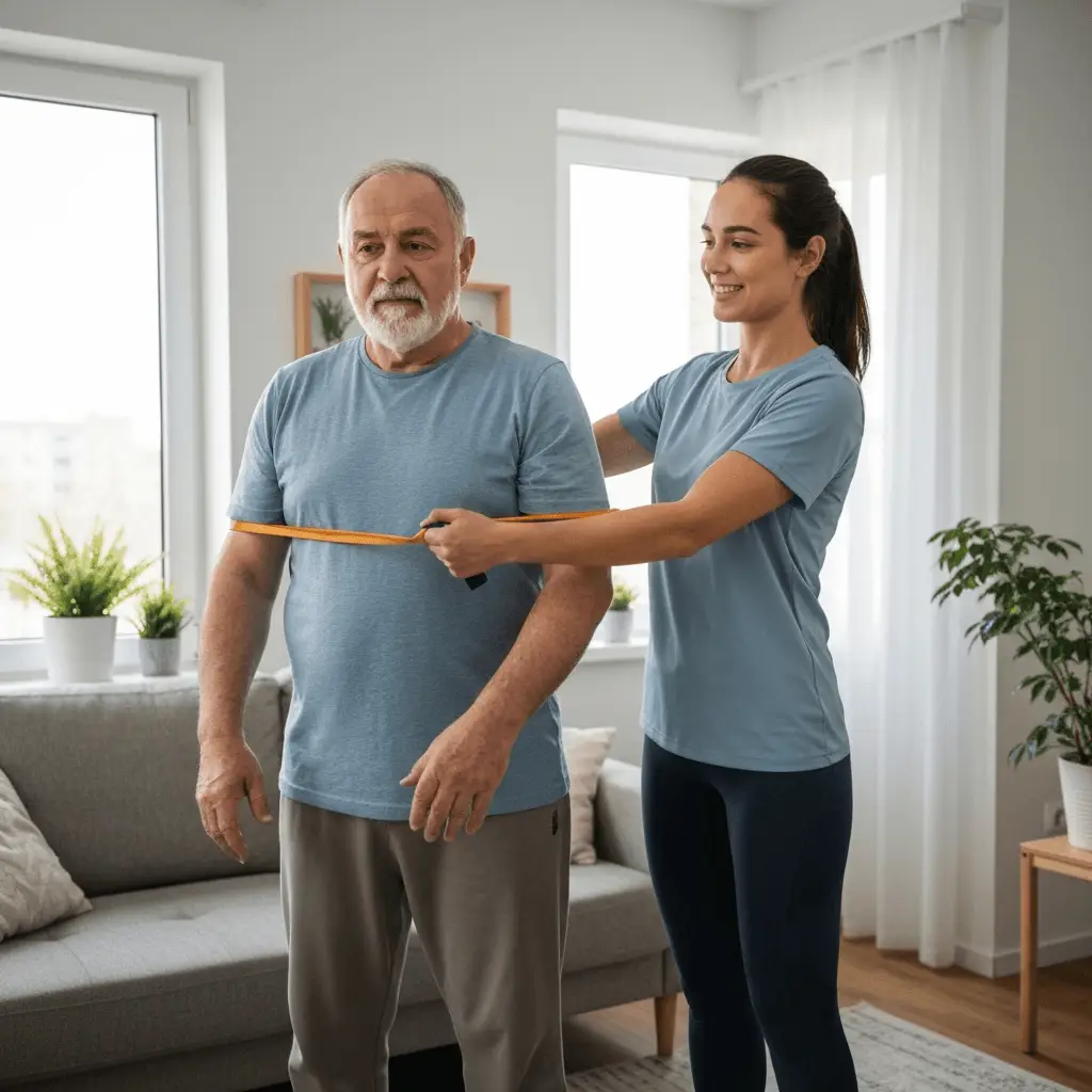 Caregiver assisting an older adult with movement