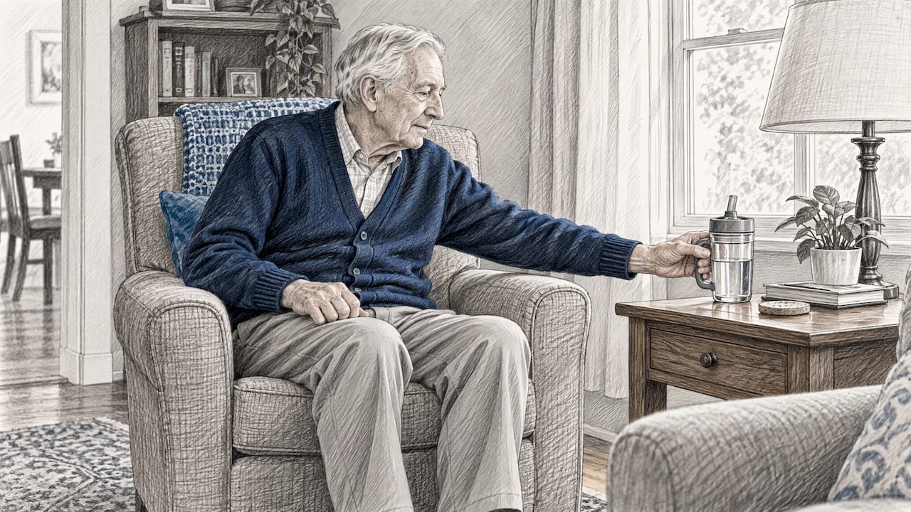 Older adult reaching for nearby water cup