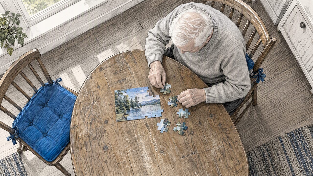 Senior assembling a simple jigsaw puzzle